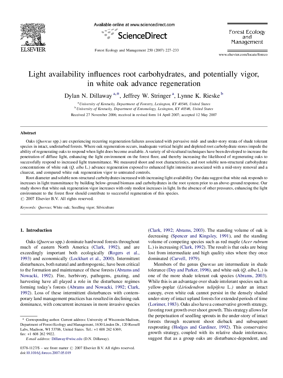 Light availability influences root carbohydrates, and potentially vigor, in white oak advance regeneration