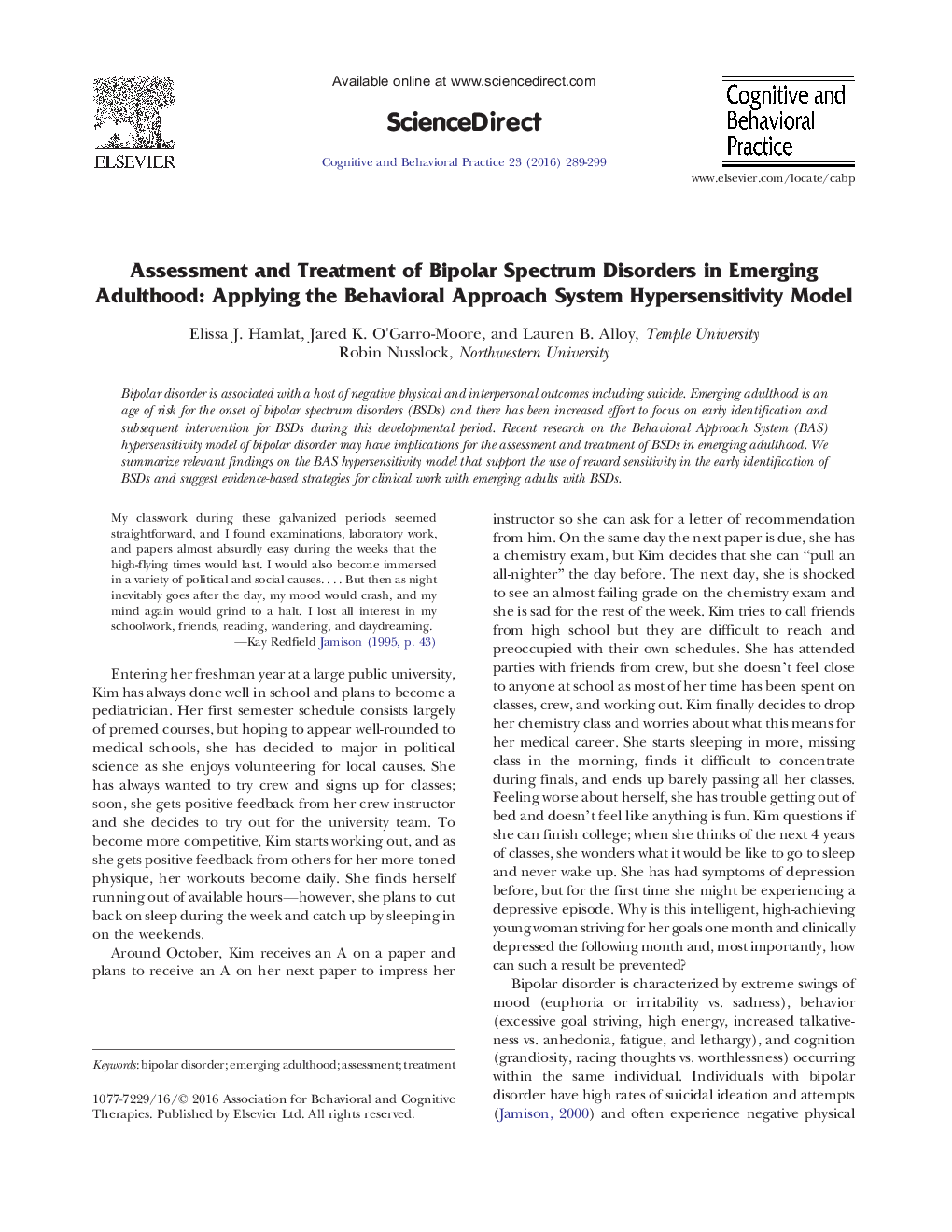 Assessment and Treatment of Bipolar Spectrum Disorders in Emerging Adulthood: Applying the Behavioral Approach System Hypersensitivity Model 