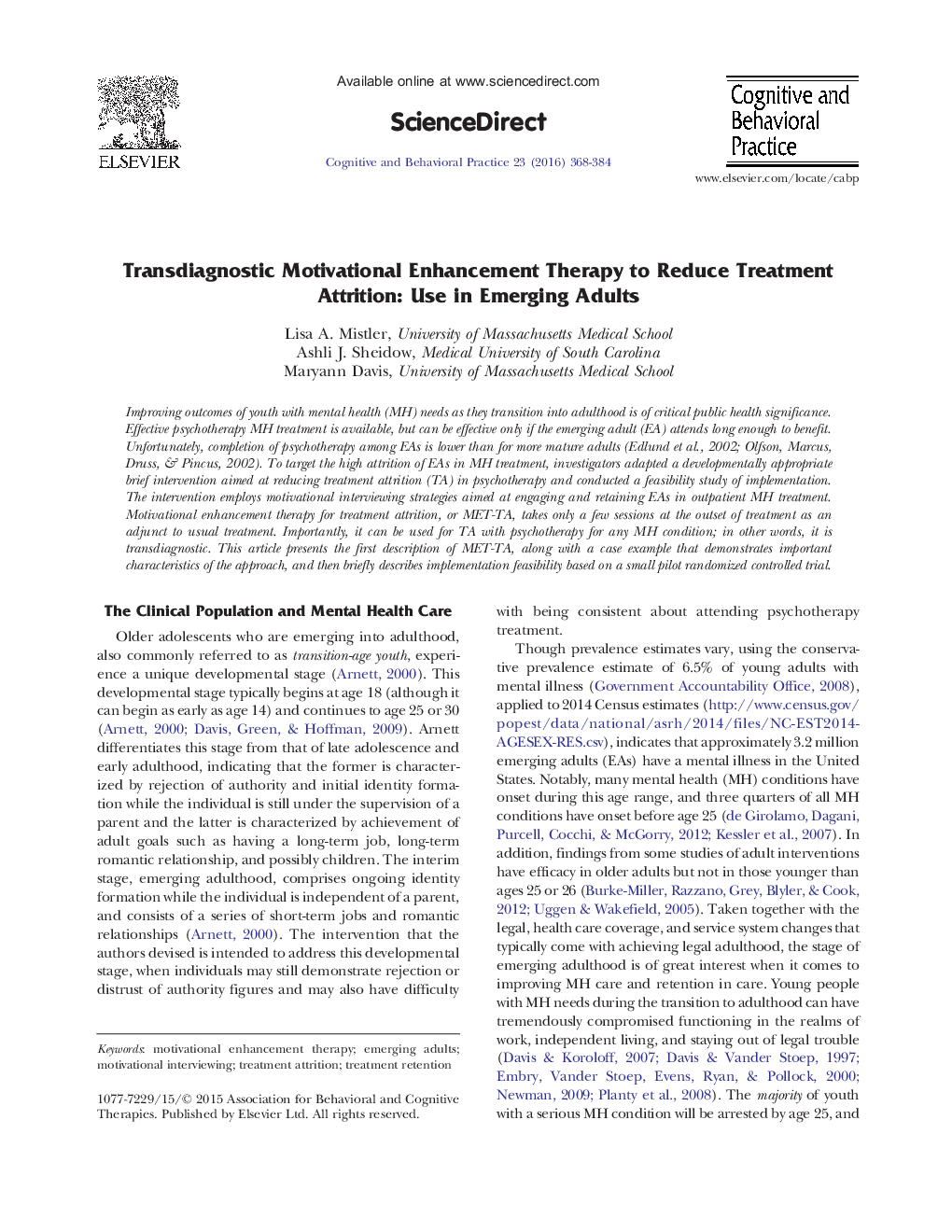 Transdiagnostic Motivational Enhancement Therapy to Reduce Treatment Attrition: Use in Emerging Adults 