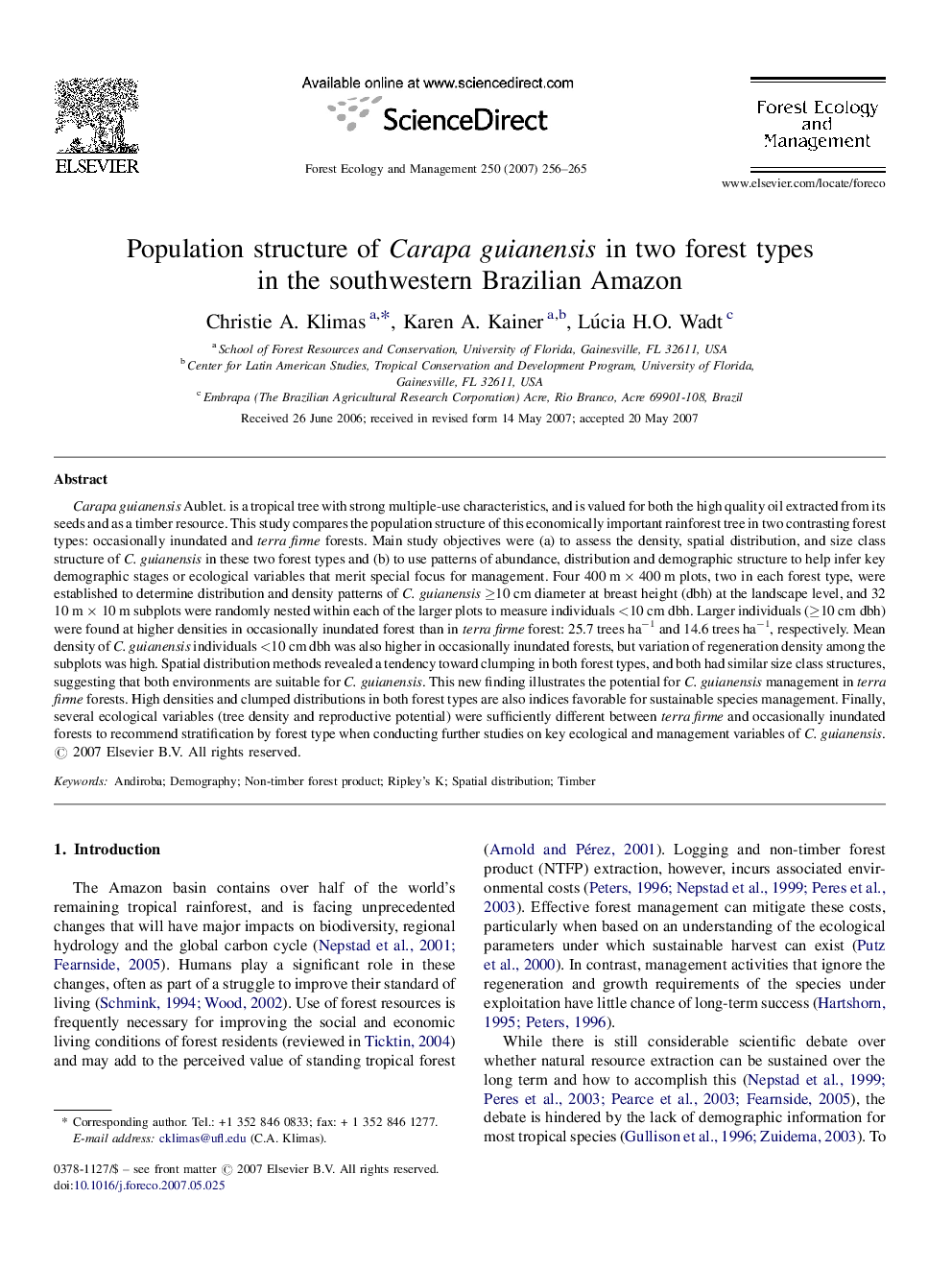 Population structure of Carapa guianensis in two forest types in the southwestern Brazilian Amazon