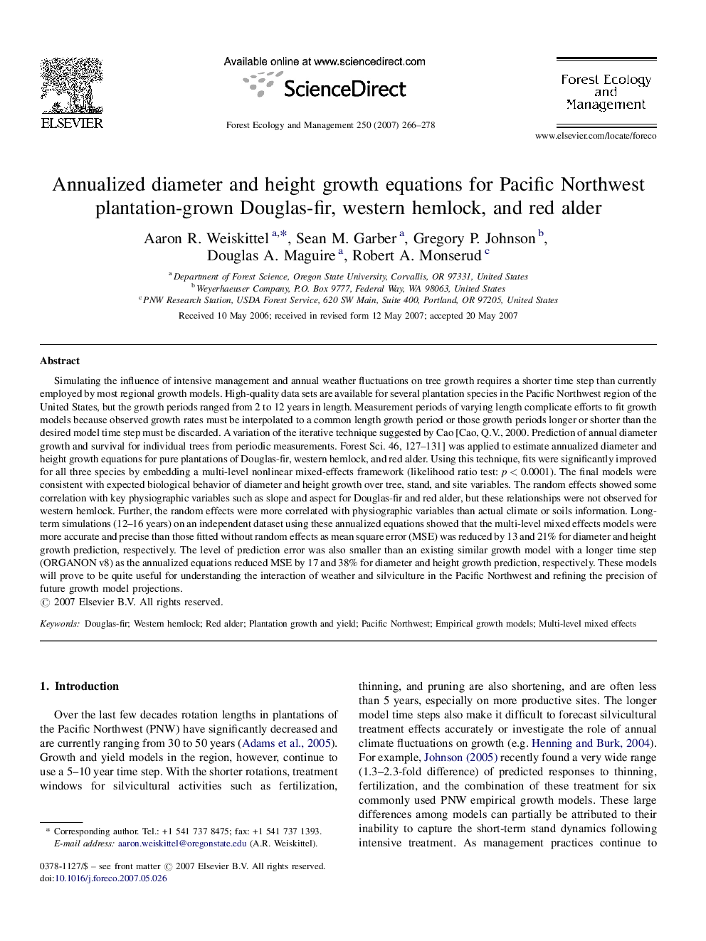 Annualized diameter and height growth equations for Pacific Northwest plantation-grown Douglas-fir, western hemlock, and red alder