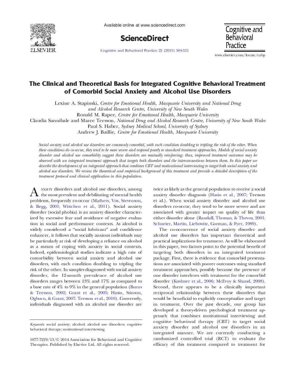 The Clinical and Theoretical Basis for Integrated Cognitive Behavioral Treatment of Comorbid Social Anxiety and Alcohol Use Disorders 