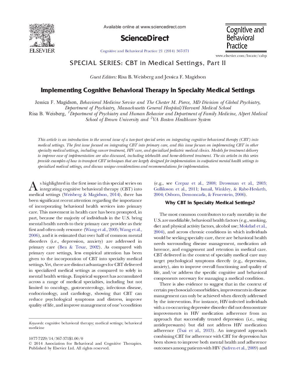 Implementing Cognitive Behavioral Therapy in Specialty Medical Settings