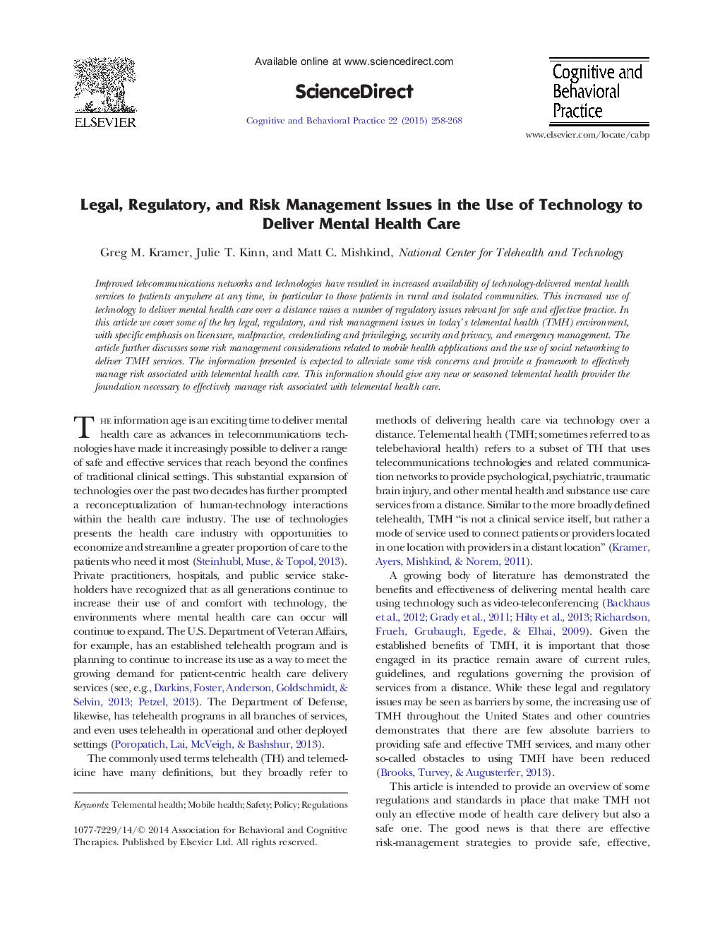 Legal, Regulatory, and Risk Management Issues in the Use of Technology to Deliver Mental Health Care 