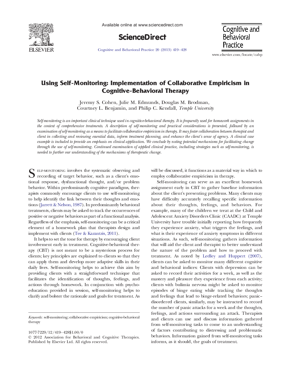 Using Self-Monitoring: Implementation of Collaborative Empiricism in Cognitive-Behavioral Therapy 