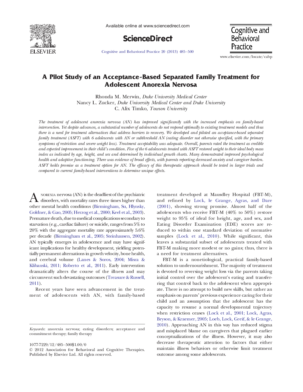 A Pilot Study of an Acceptance-Based Separated Family Treatment for Adolescent Anorexia Nervosa 