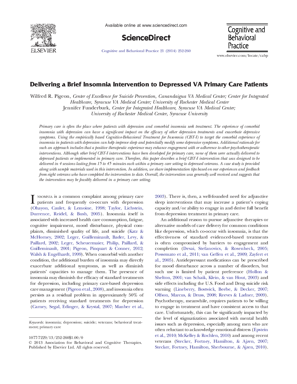 Delivering a Brief Insomnia Intervention to Depressed VA Primary Care Patients 