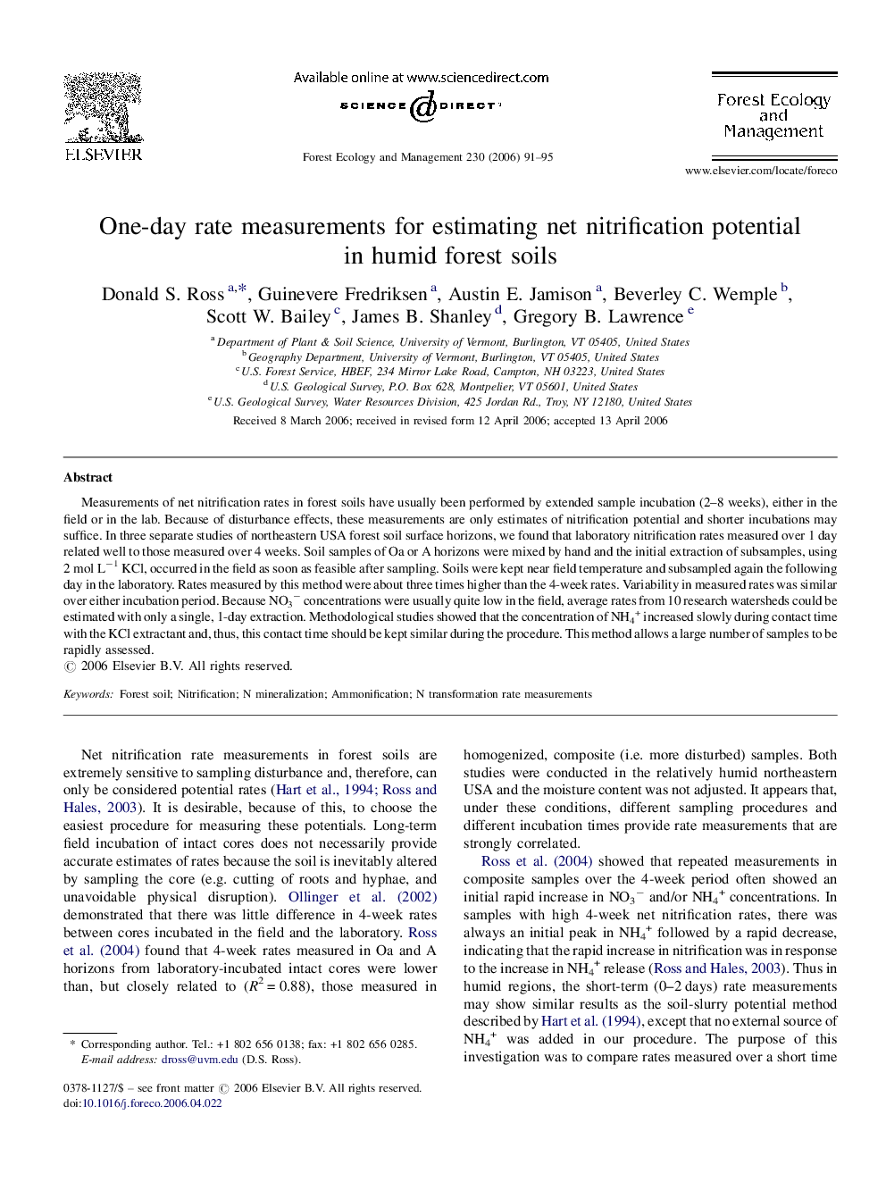 One-day rate measurements for estimating net nitrification potential in humid forest soils