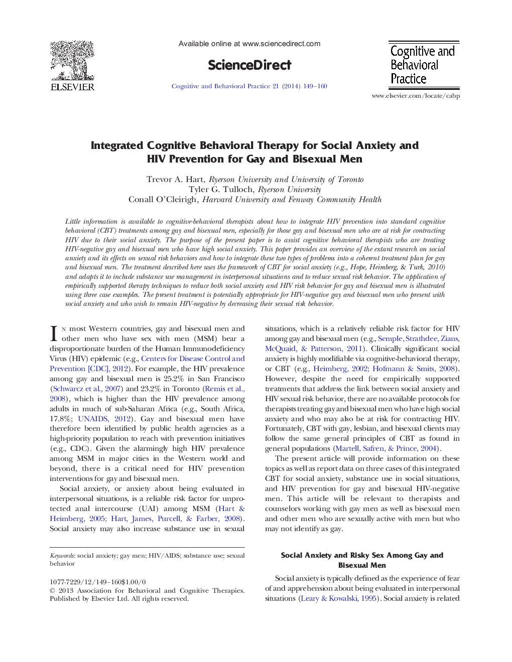 Integrated Cognitive Behavioral Therapy for Social Anxiety and HIV Prevention for Gay and Bisexual Men 