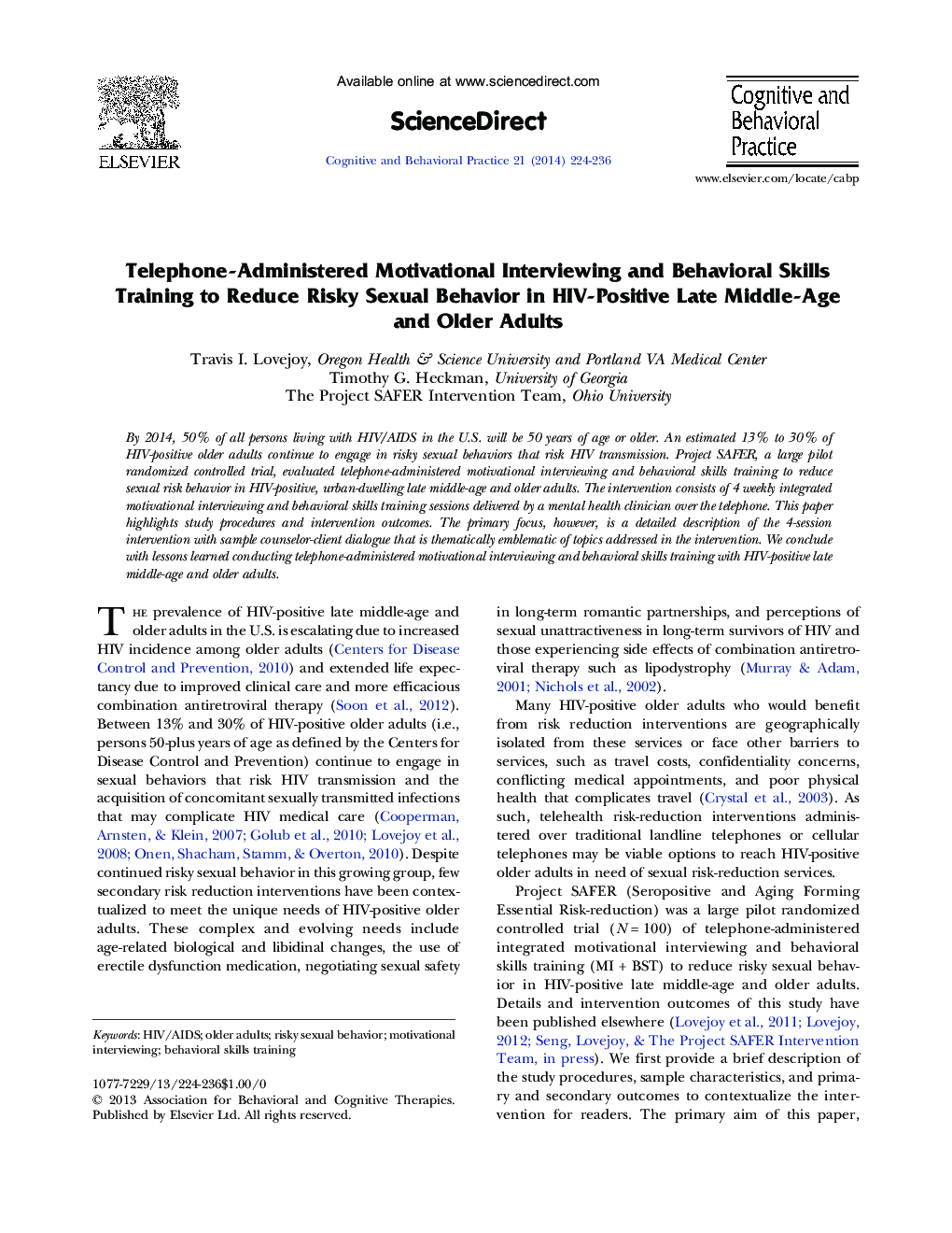 Telephone-Administered Motivational Interviewing and Behavioral Skills Training to Reduce Risky Sexual Behavior in HIV-Positive Late Middle-Age and Older Adults 