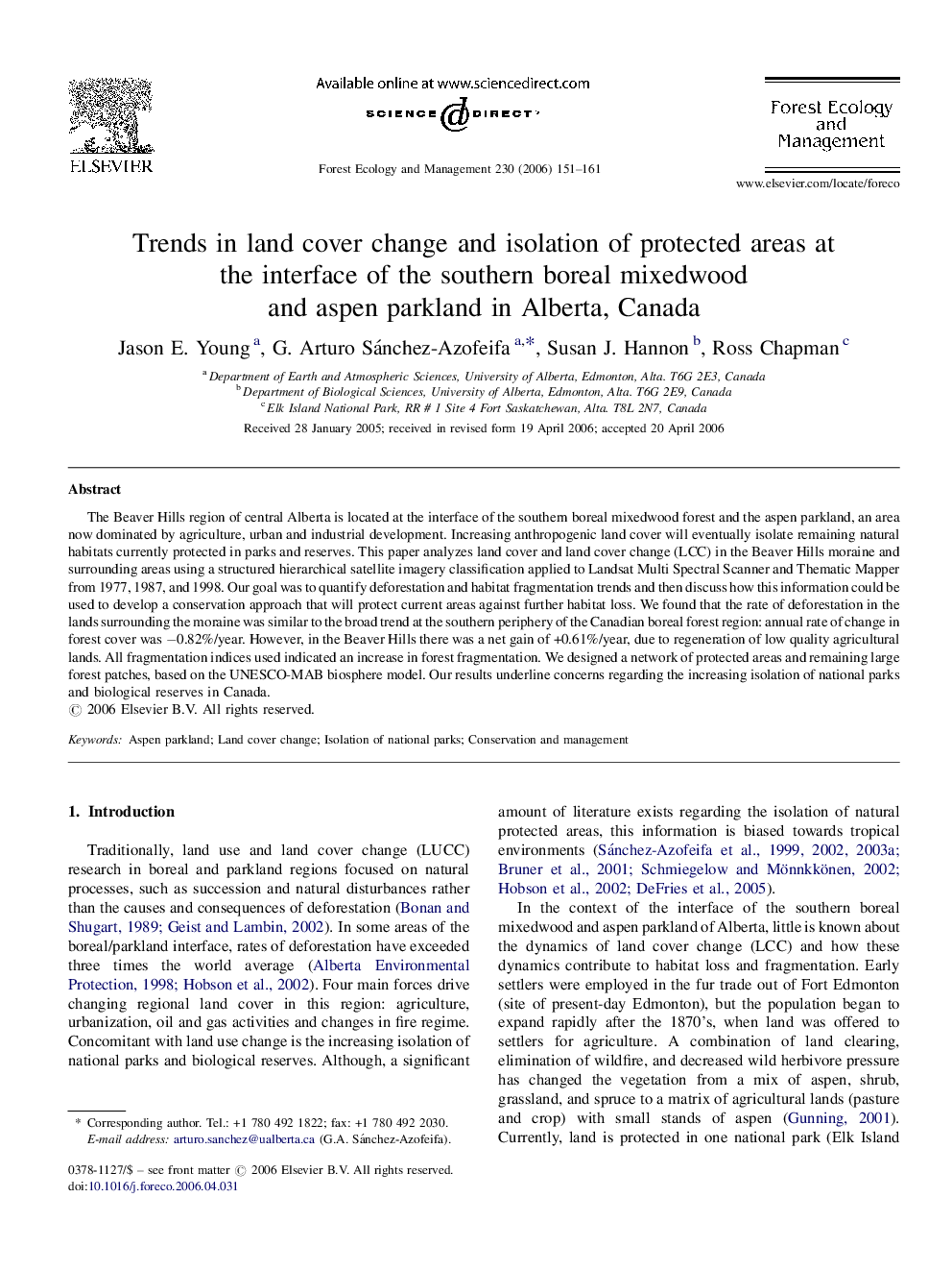 Trends in land cover change and isolation of protected areas at the interface of the southern boreal mixedwood and aspen parkland in Alberta, Canada