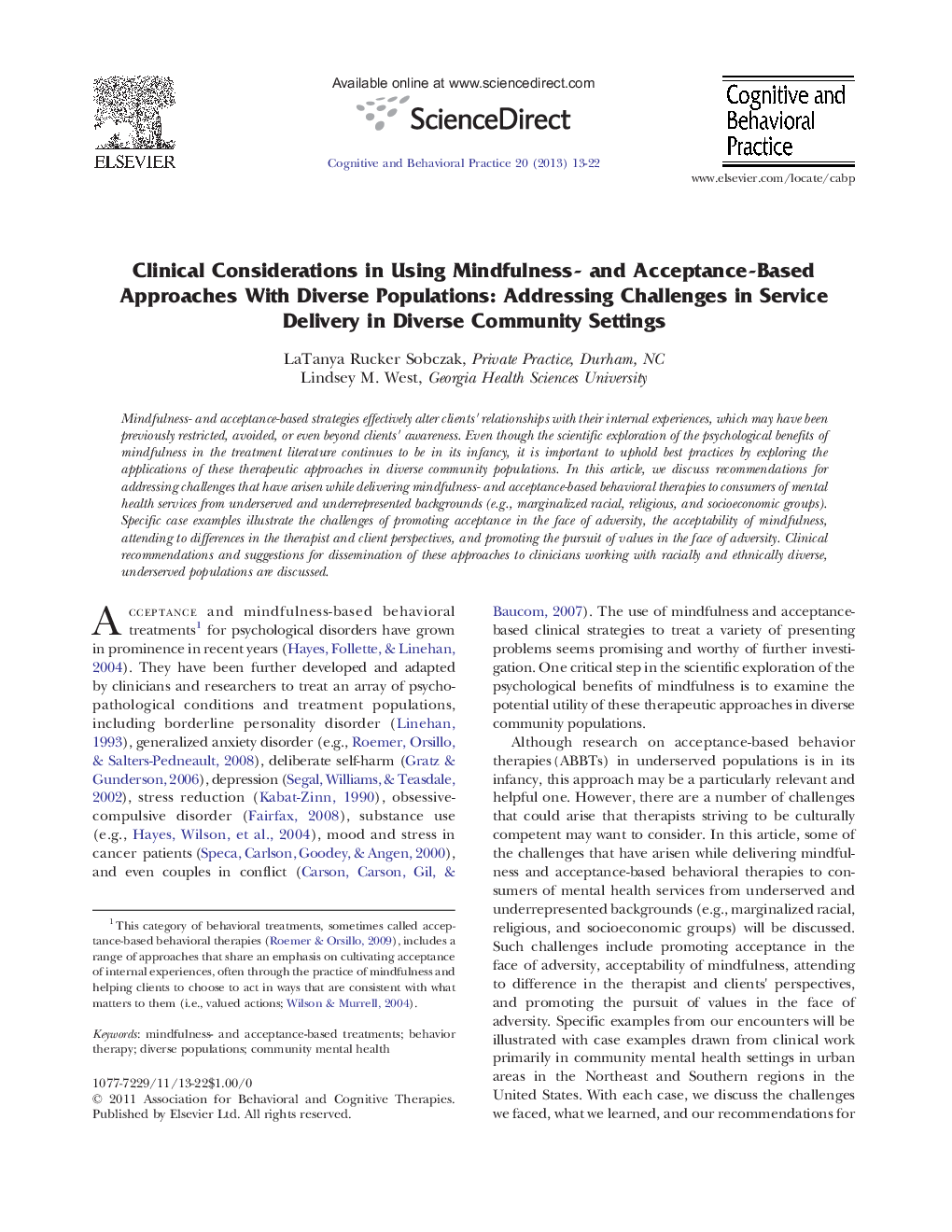 Clinical Considerations in Using Mindfulness- and Acceptance-Based Approaches With Diverse Populations: Addressing Challenges in Service Delivery in Diverse Community Settings 