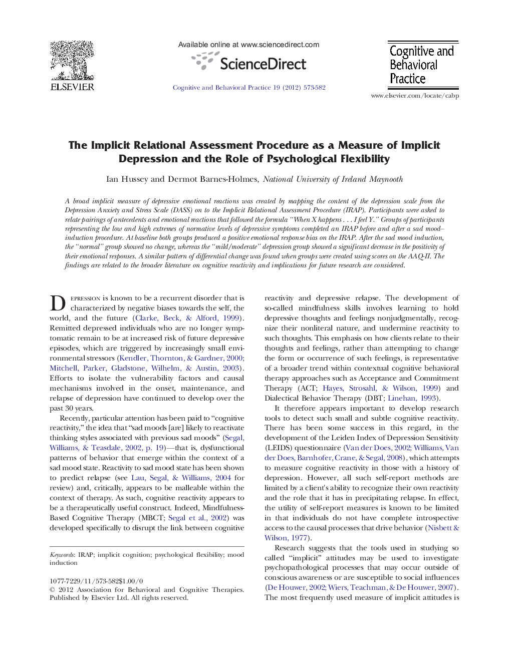 The Implicit Relational Assessment Procedure as a Measure of Implicit Depression and the Role of Psychological Flexibility 