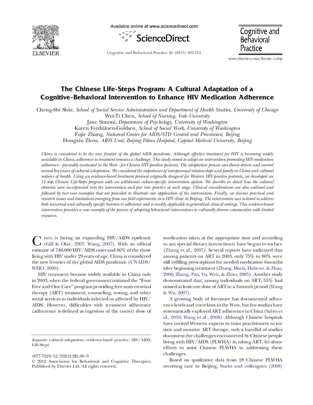 The Chinese Life-Steps Program: A Cultural Adaptation of a Cognitive-Behavioral Intervention to Enhance HIV Medication Adherence 