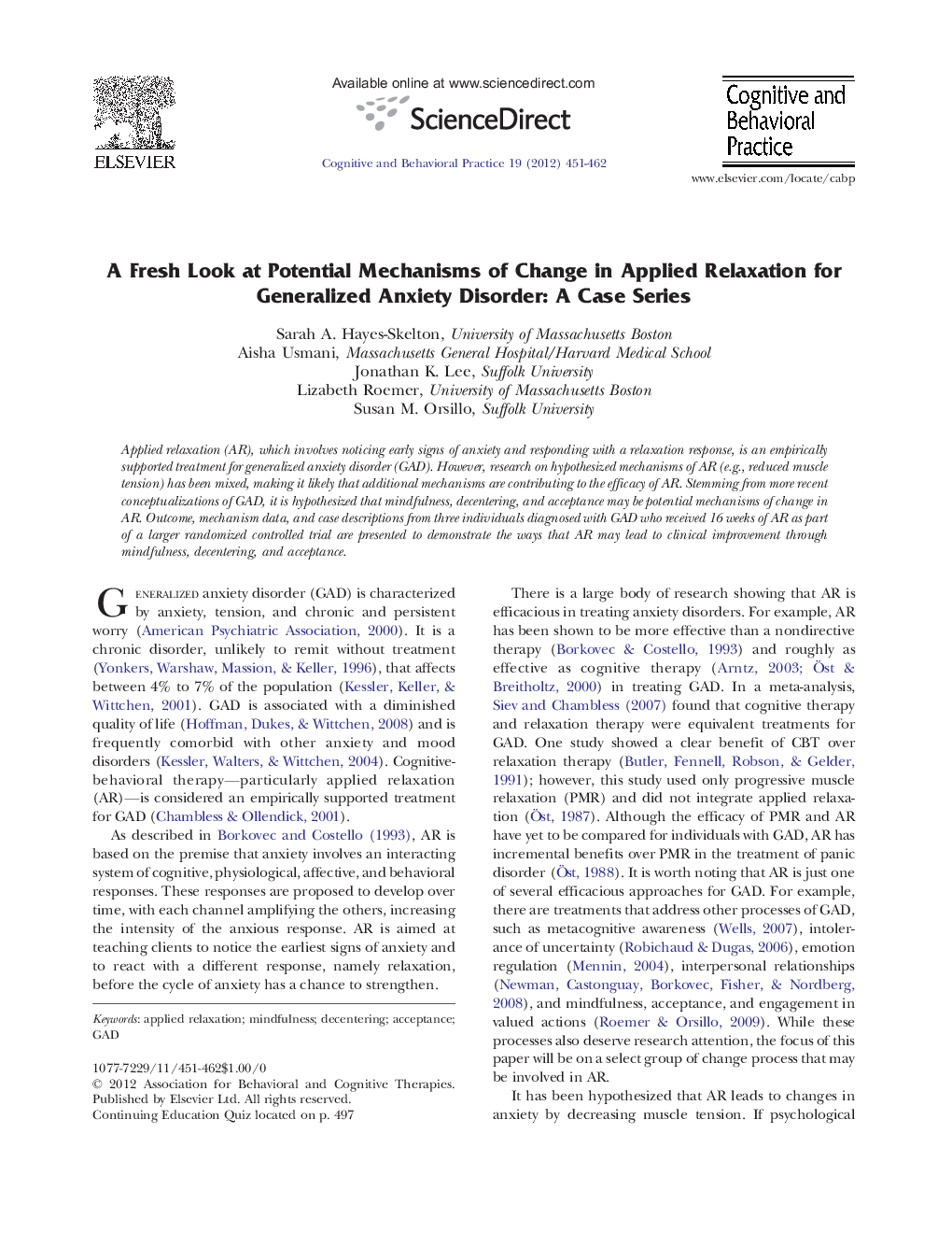 A Fresh Look at Potential Mechanisms of Change in Applied Relaxation for Generalized Anxiety Disorder: A Case Series 