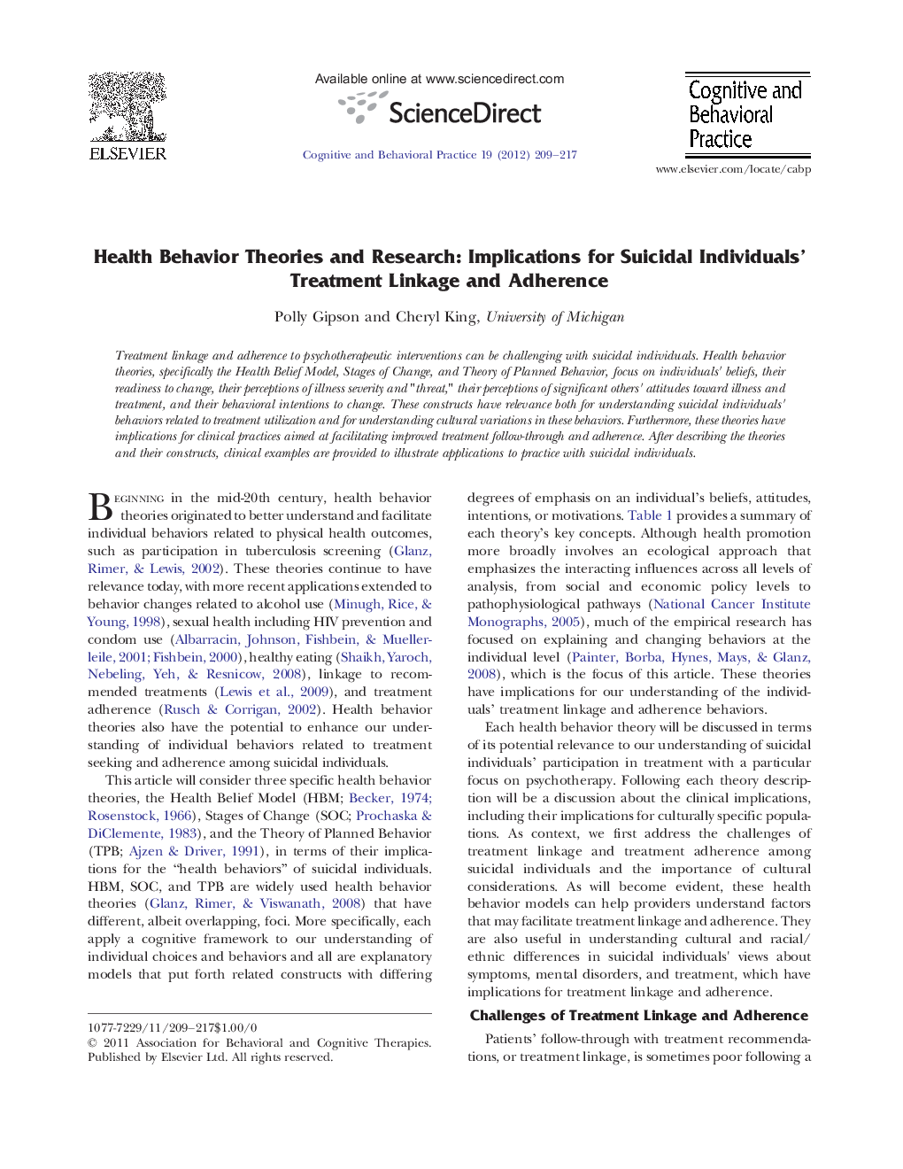 Health Behavior Theories and Research: Implications for Suicidal Individuals’ Treatment Linkage and Adherence 