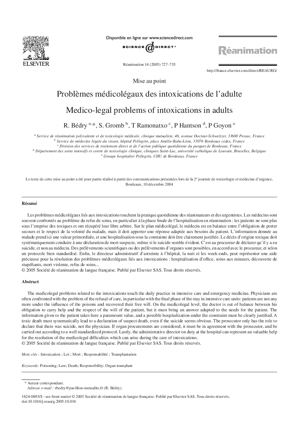 ProblÃ¨mes médicolégaux des intoxications de l'adulte