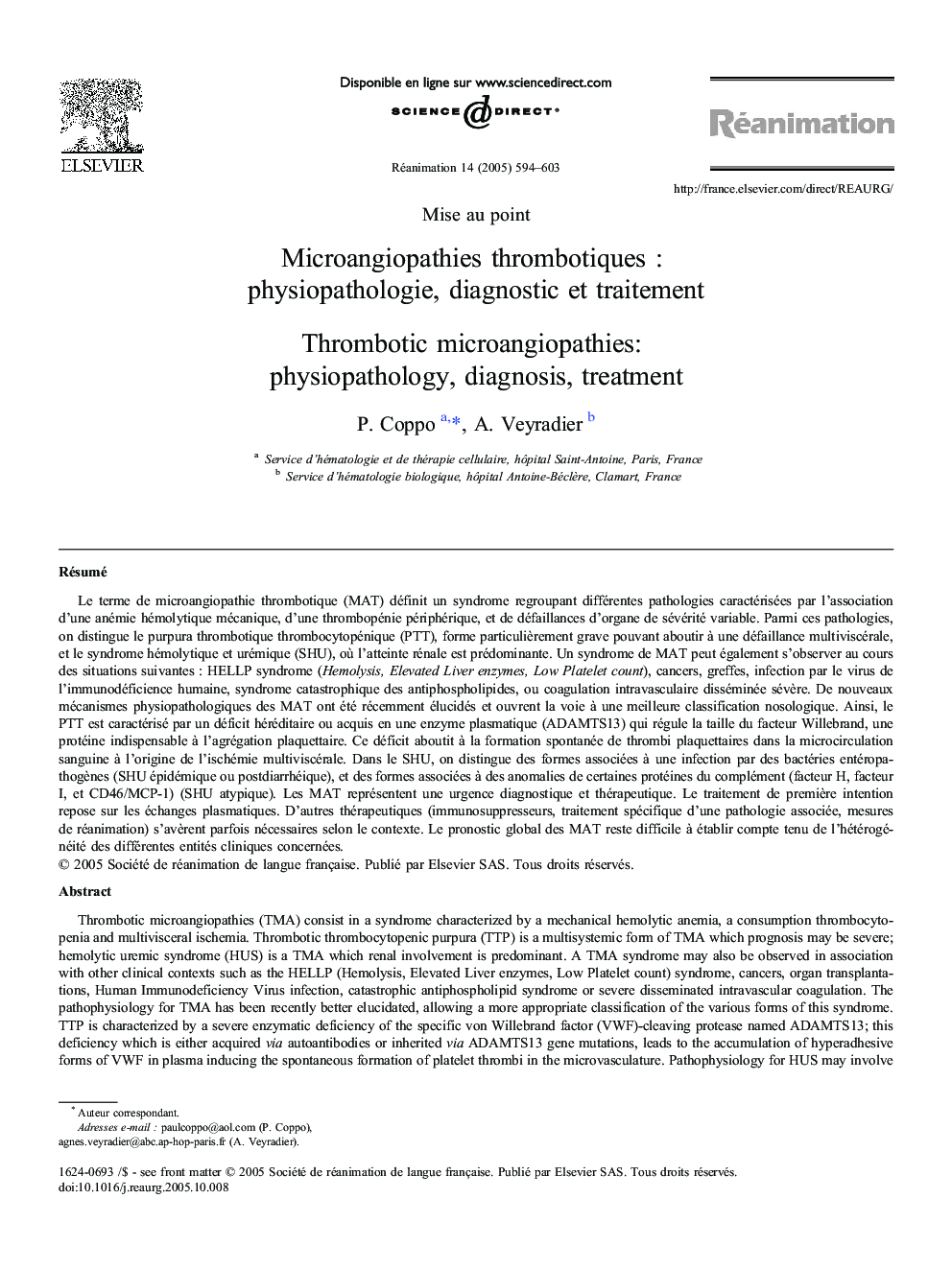 Microangiopathies thrombotiquesÂ : physiopathologie, diagnostic etÂ traitement