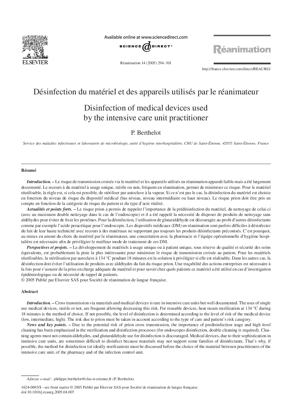 Désinfection du matériel et des appareils utilisés par le réanimateur