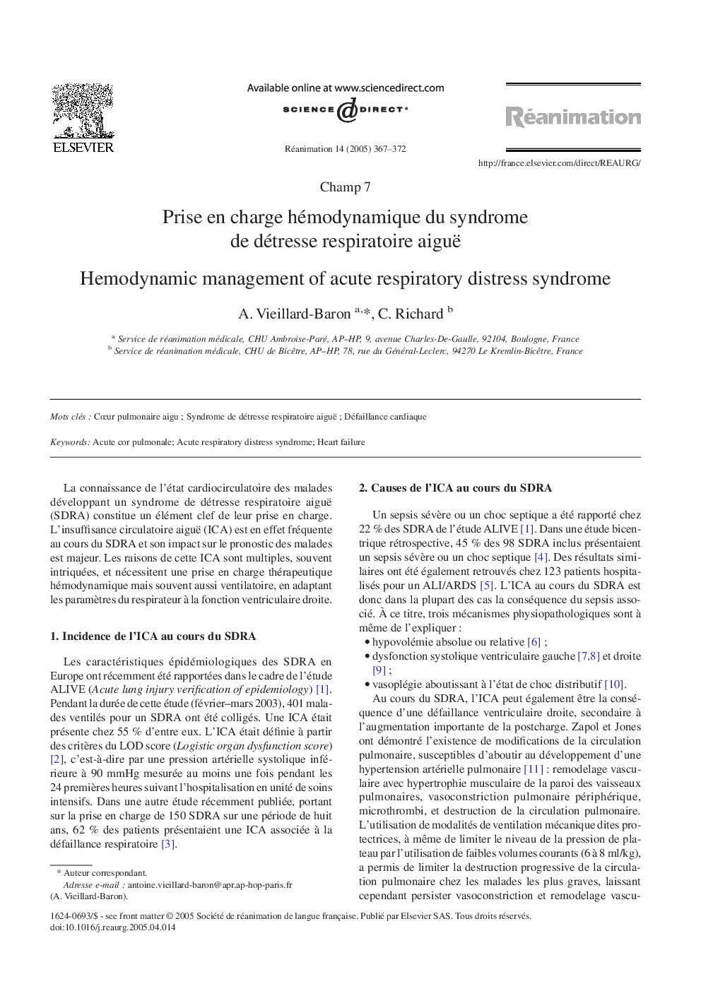 Prise en charge hémodynamique du syndrome de détresse respiratoire aiguë