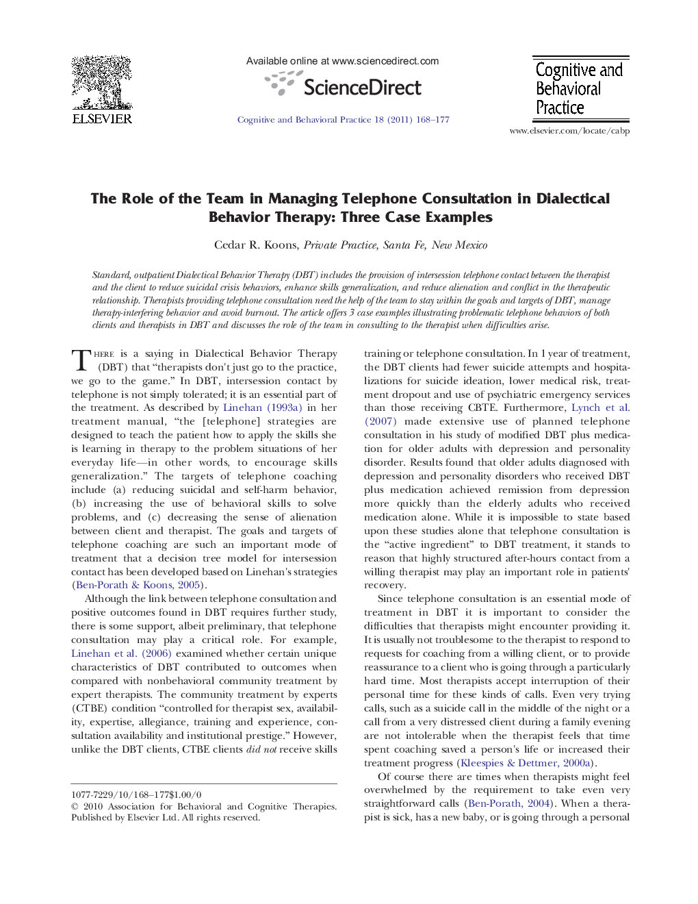 The Role of the Team in Managing Telephone Consultation in Dialectical Behavior Therapy: Three Case Examples