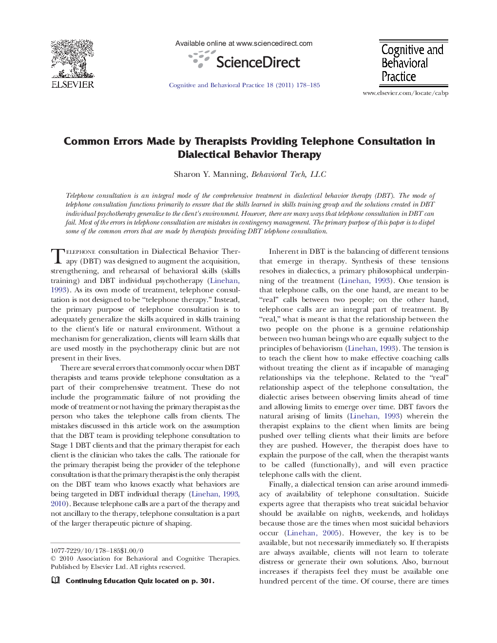 Common Errors Made by Therapists Providing Telephone Consultation in Dialectical Behavior Therapy