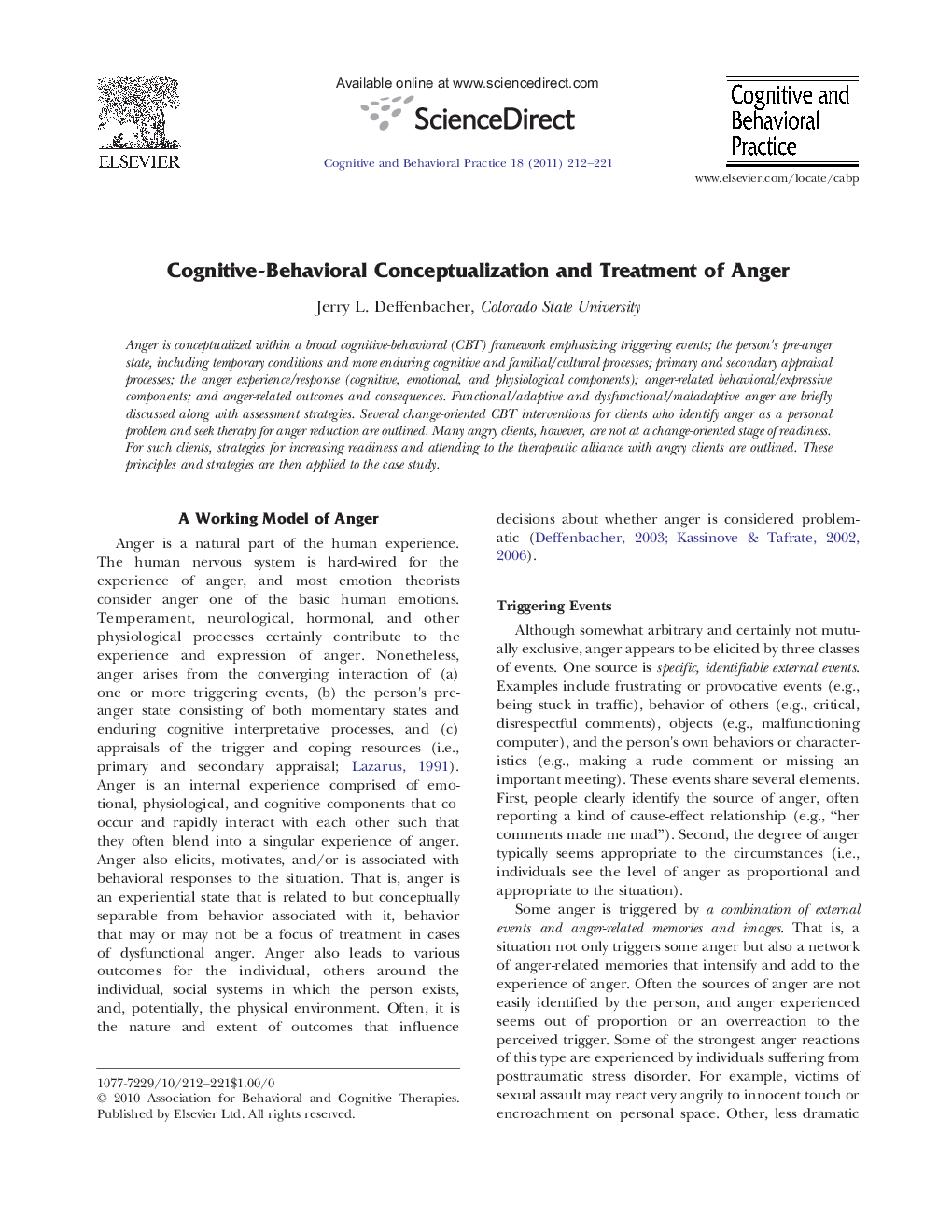 Cognitive-Behavioral Conceptualization and Treatment of Anger
