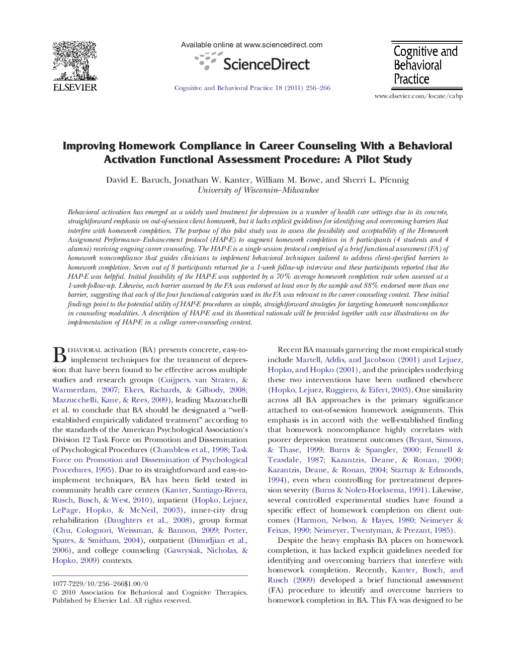 Improving Homework Compliance in Career Counseling With a Behavioral Activation Functional Assessment Procedure: A Pilot Study