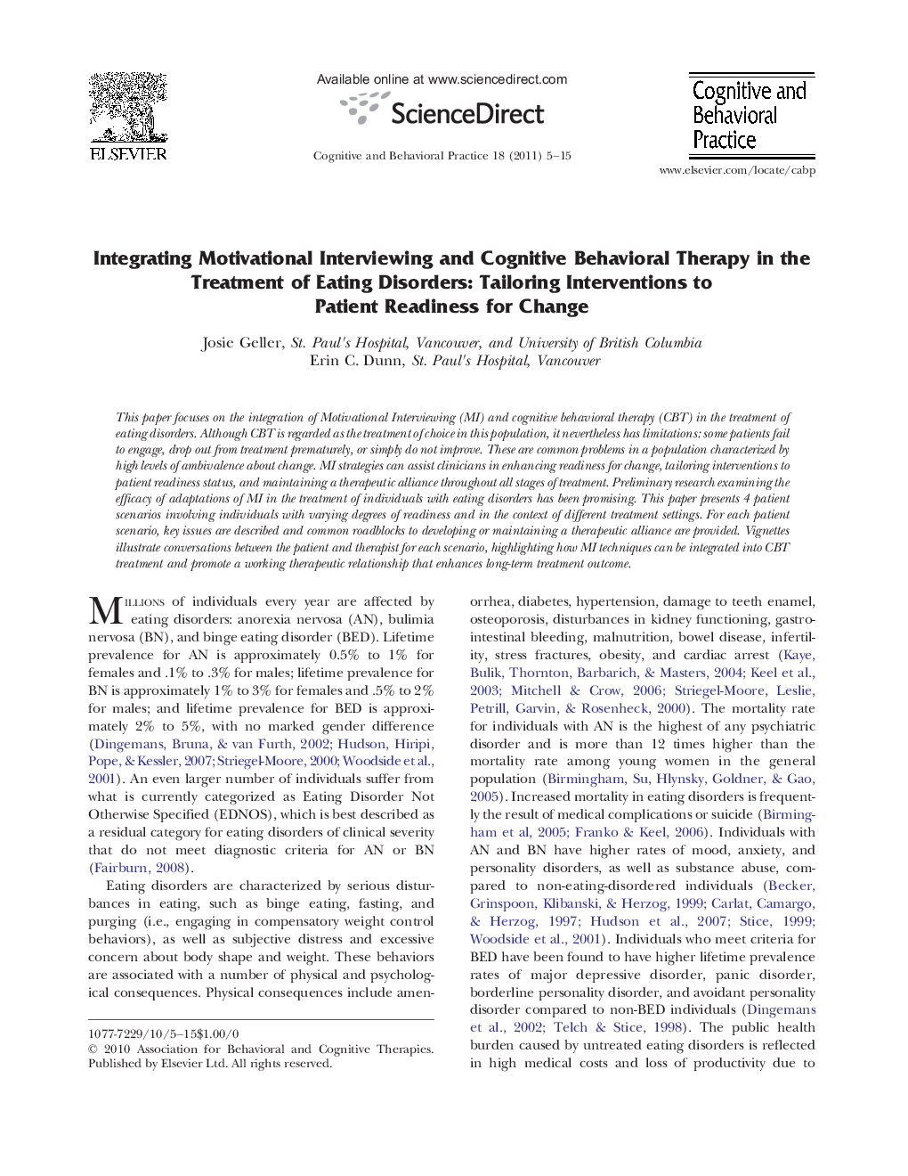 Integrating Motivational Interviewing and Cognitive Behavioral Therapy in the Treatment of Eating Disorders: Tailoring Interventions to Patient Readiness for Change