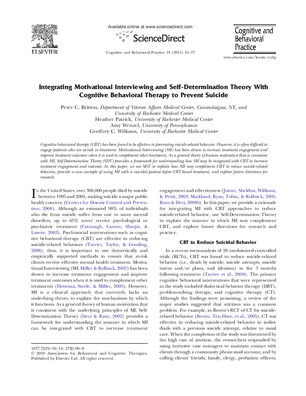 Integrating Motivational Interviewing and Self-Determination Theory With Cognitive Behavioral Therapy to Prevent Suicide