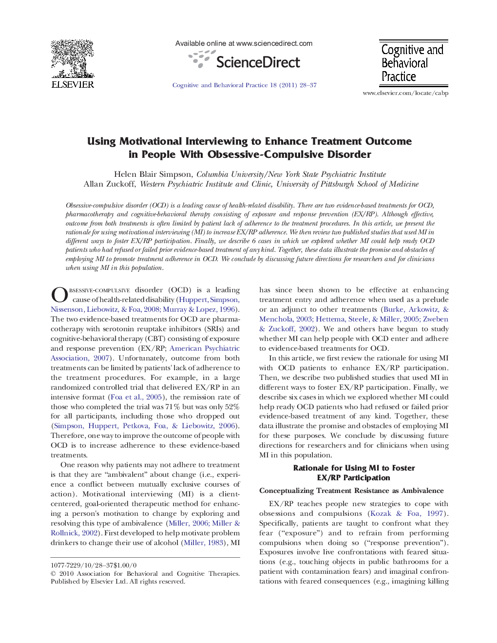 Using Motivational Interviewing to Enhance Treatment Outcome in People With Obsessive-Compulsive Disorder