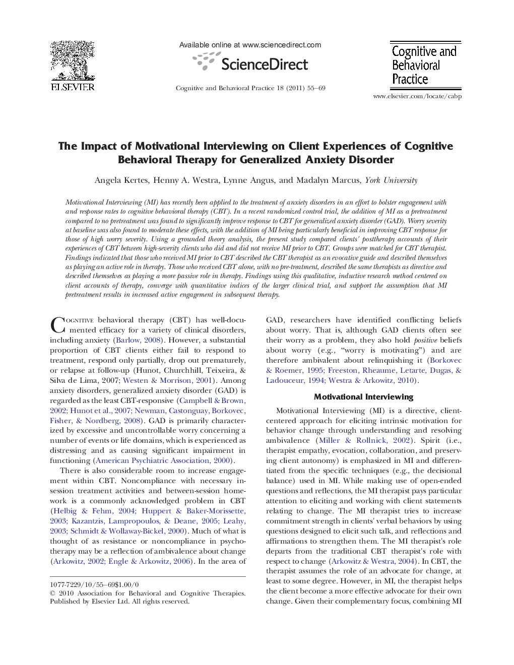 The Impact of Motivational Interviewing on Client Experiences of Cognitive Behavioral Therapy for Generalized Anxiety Disorder