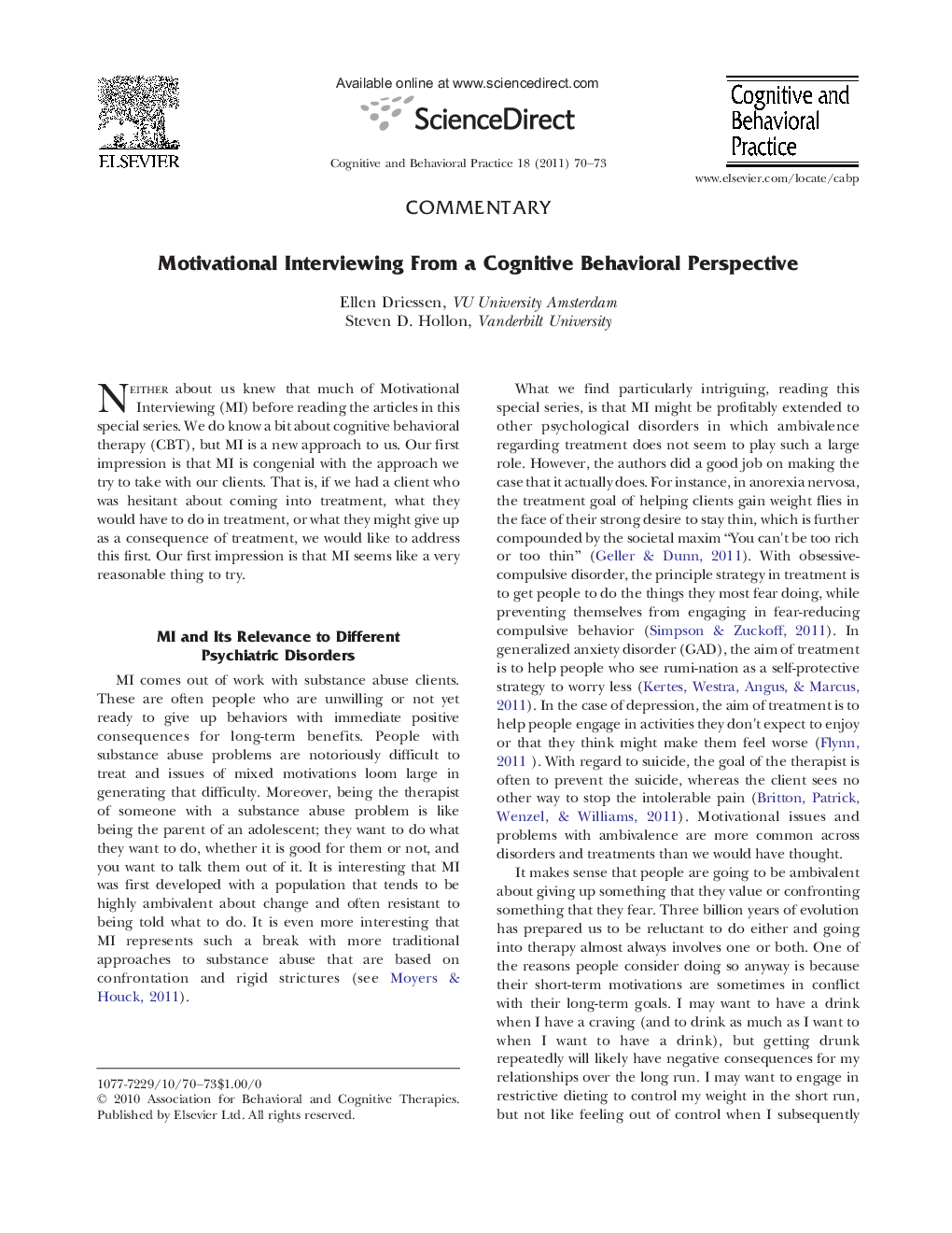 Motivational Interviewing From a Cognitive Behavioral Perspective