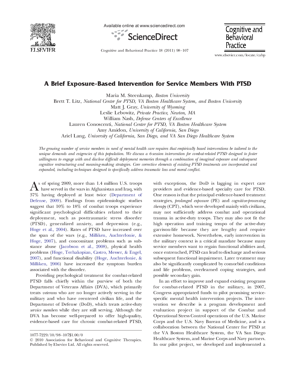 A Brief Exposure-Based Intervention for Service Members With PTSD