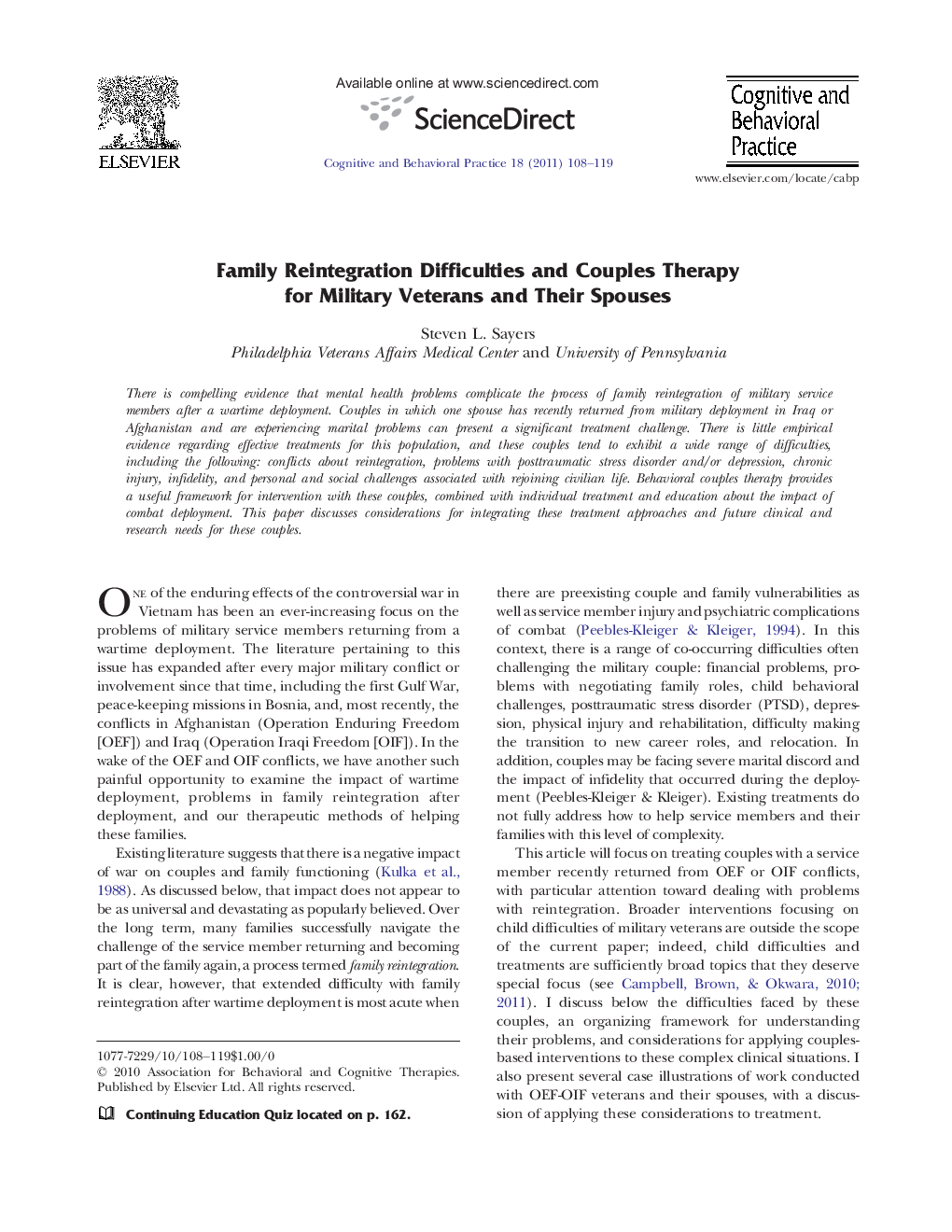 Family Reintegration Difficulties and Couples Therapy for Military Veterans and Their Spouses