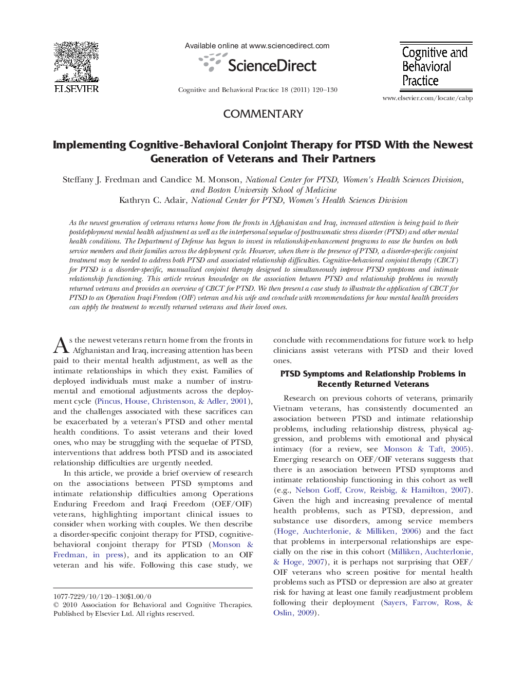 Implementing Cognitive-Behavioral Conjoint Therapy for PTSD With the Newest Generation of Veterans and Their Partners