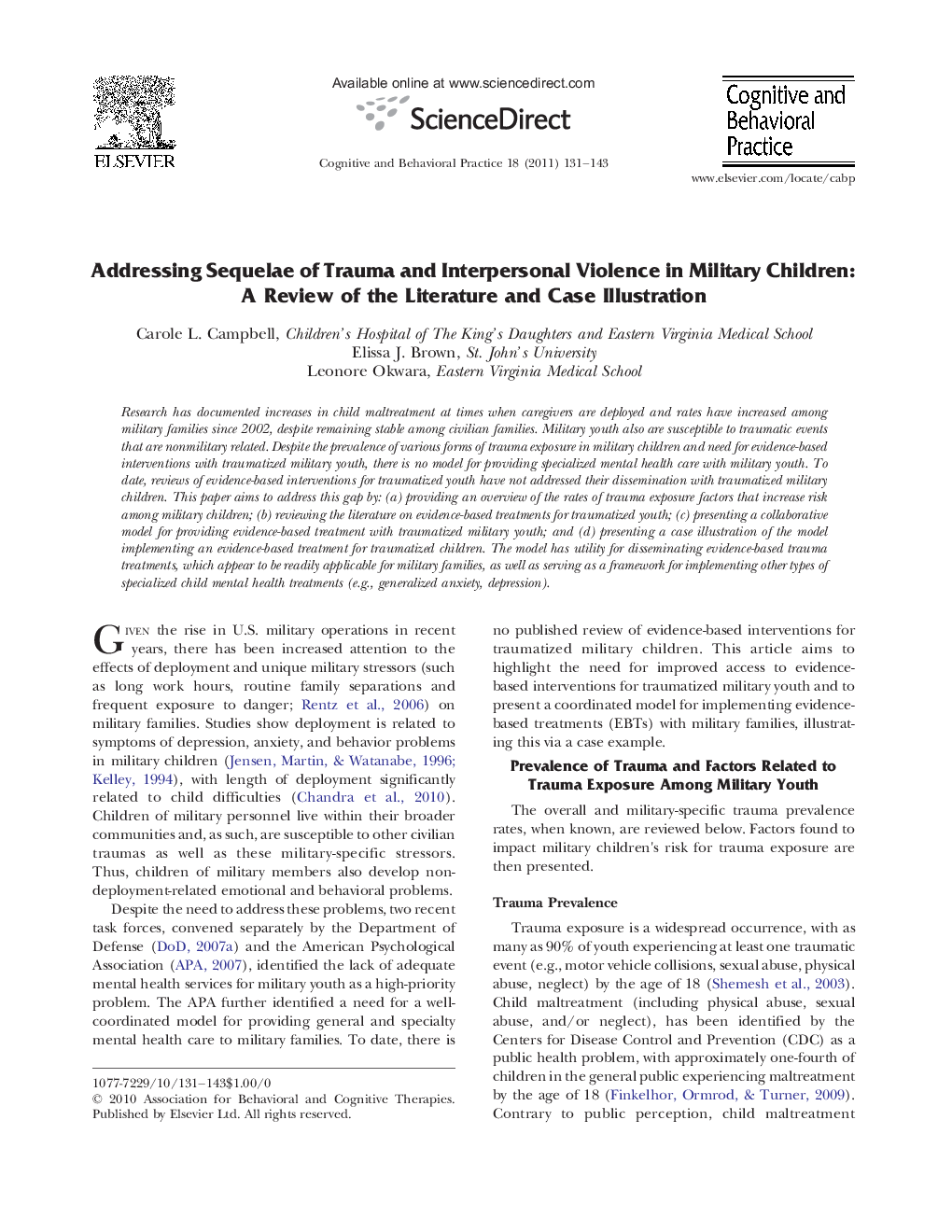 Addressing Sequelae of Trauma and Interpersonal Violence in Military Children: A Review of the Literature and Case Illustration