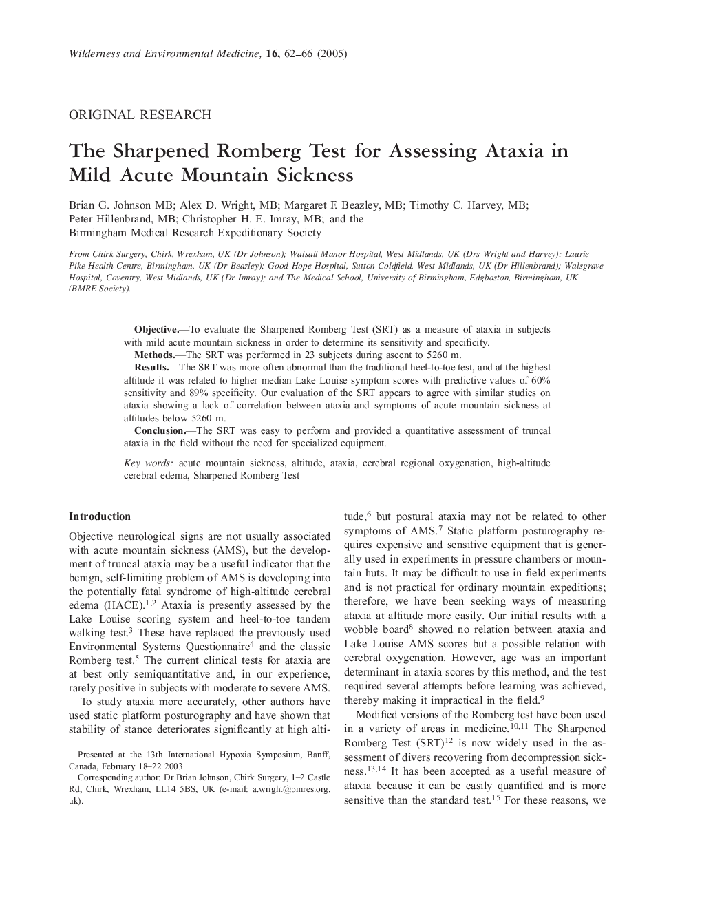 The Sharpened Romberg Test for Assessing Ataxia in Mild Acute Mountain Sickness