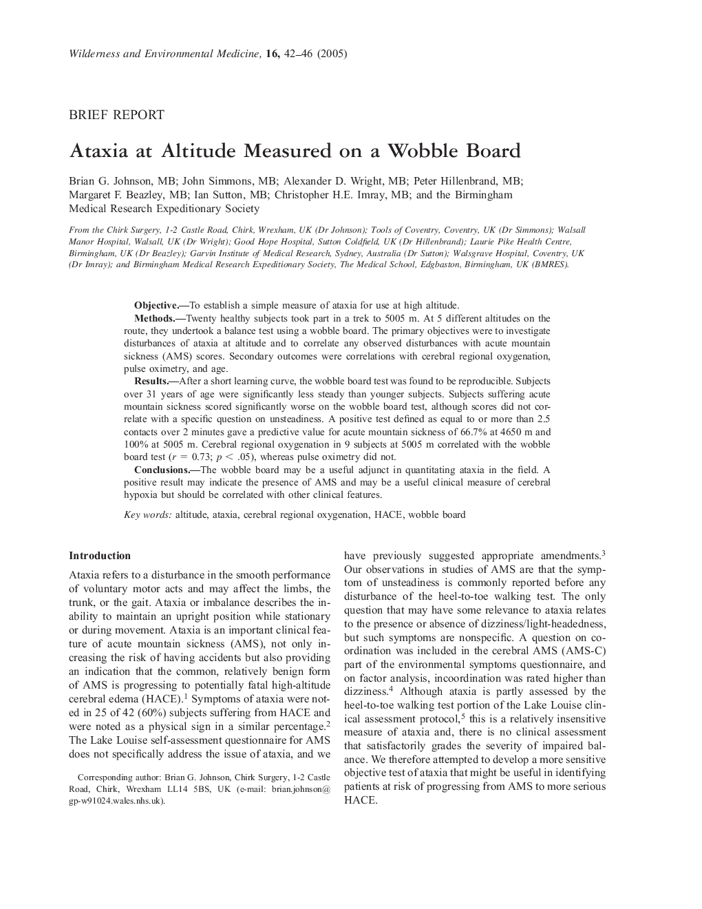 Ataxia at Altitude Measured on a Wobble Board