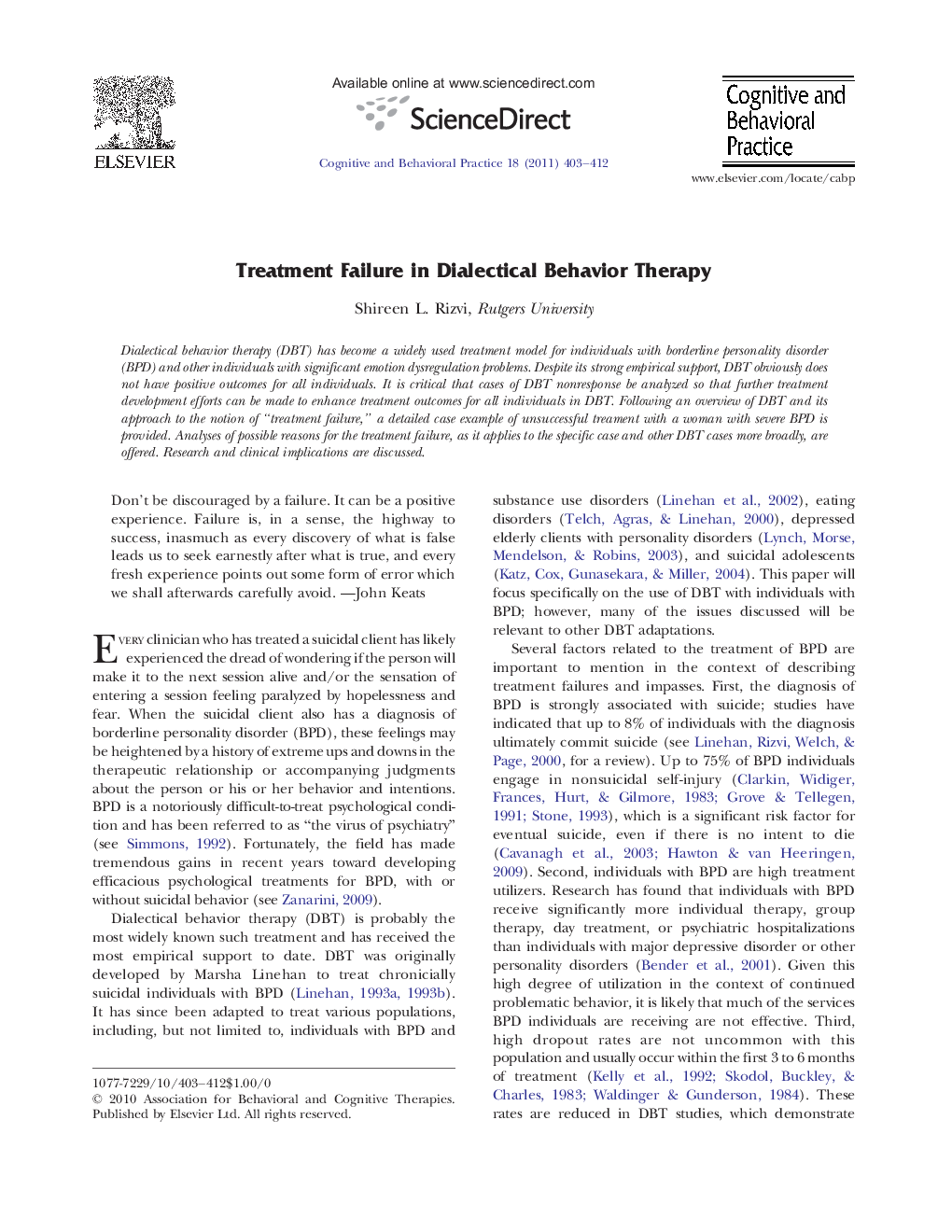 Treatment Failure in Dialectical Behavior Therapy