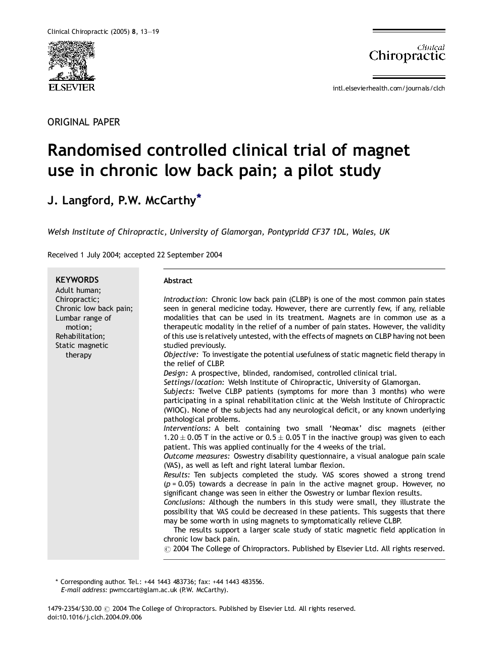 Randomised controlled clinical trial of magnet use in chronic low back pain; a pilot study