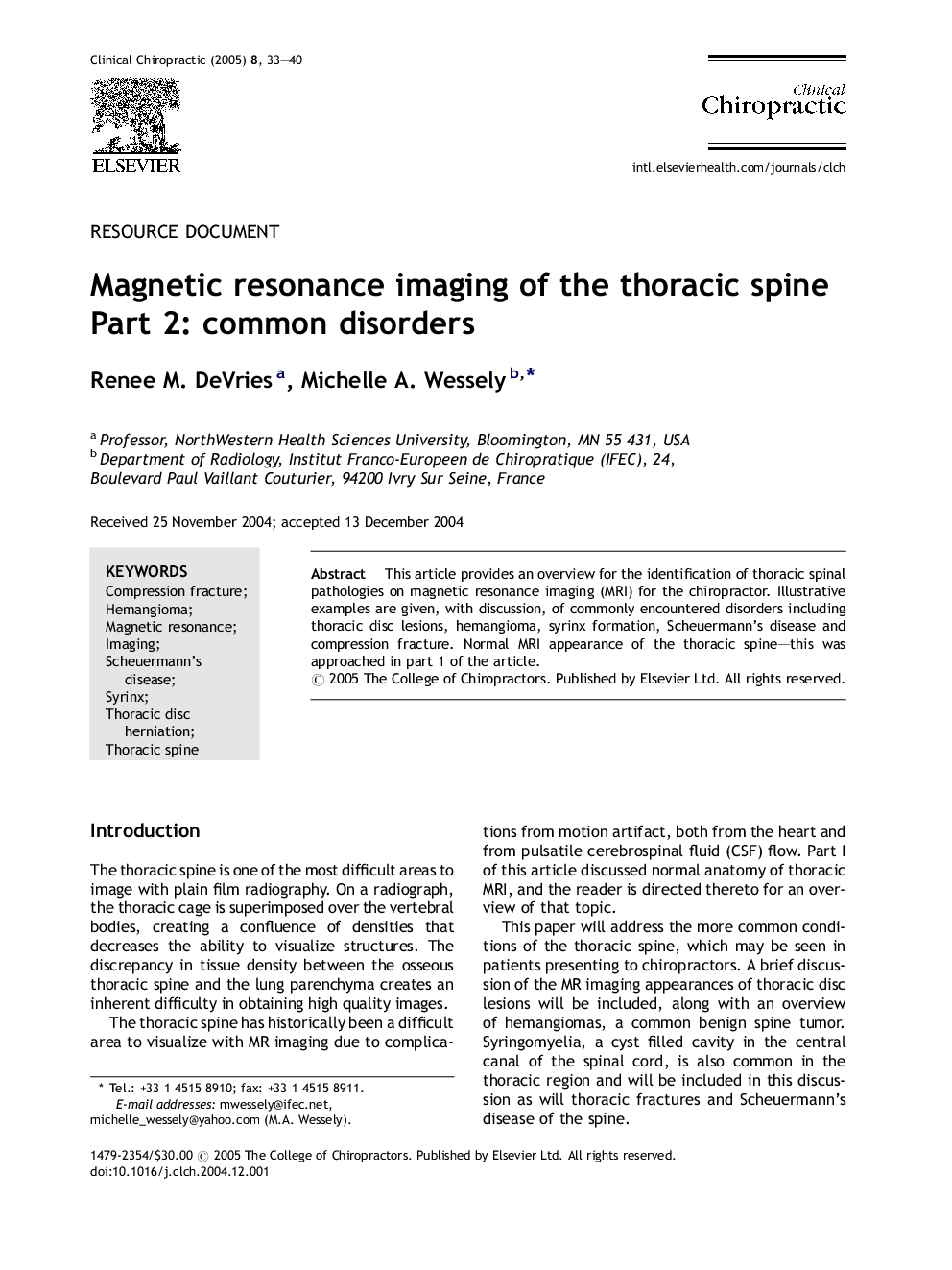 Magnetic resonance imaging of the thoracic spine Part 2: common disorders