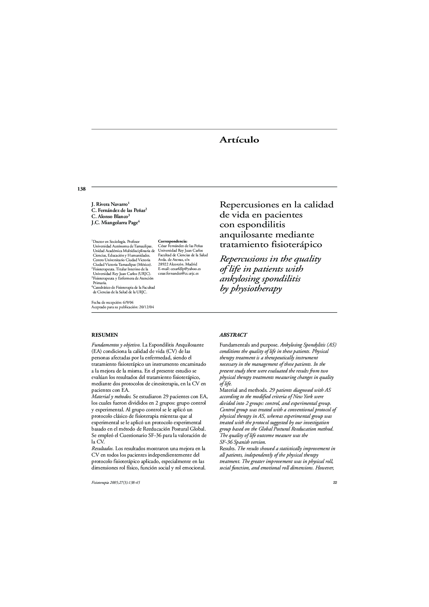 Repercusiones en la calidad de vida en pacientes con espondilitis anquilosante mediante tratamiento fisioterápico