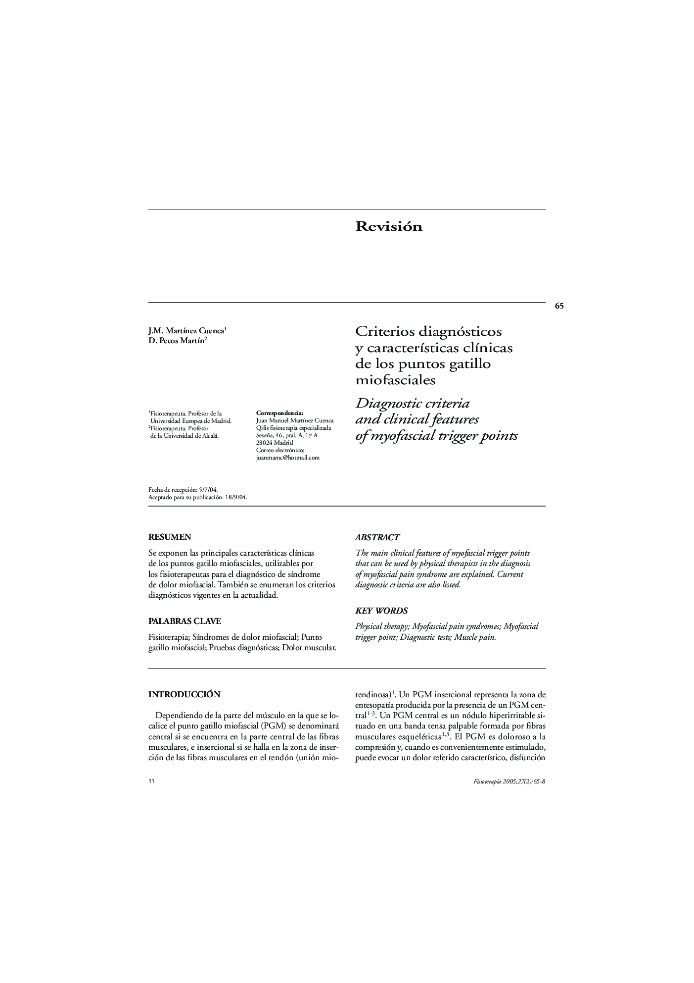 Criterios diagnósticos y caracterÃ­sticas clÃ­nicas de los puntos gatillo miofasciales