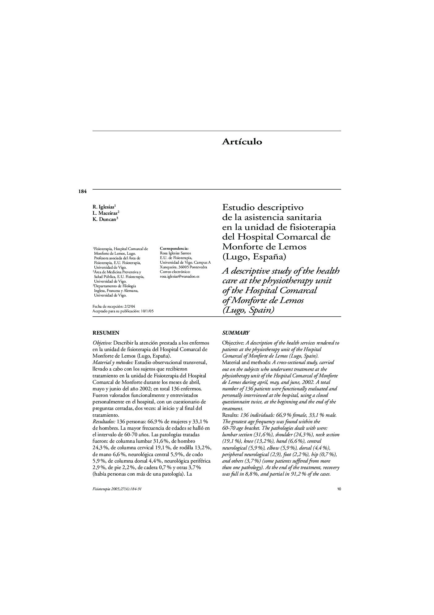 Estudio descriptivo de la asistencia sanitaria en la unidad de fisioterapia del Hospital Comarcal de Monforte de Lemos (Lugo, España)