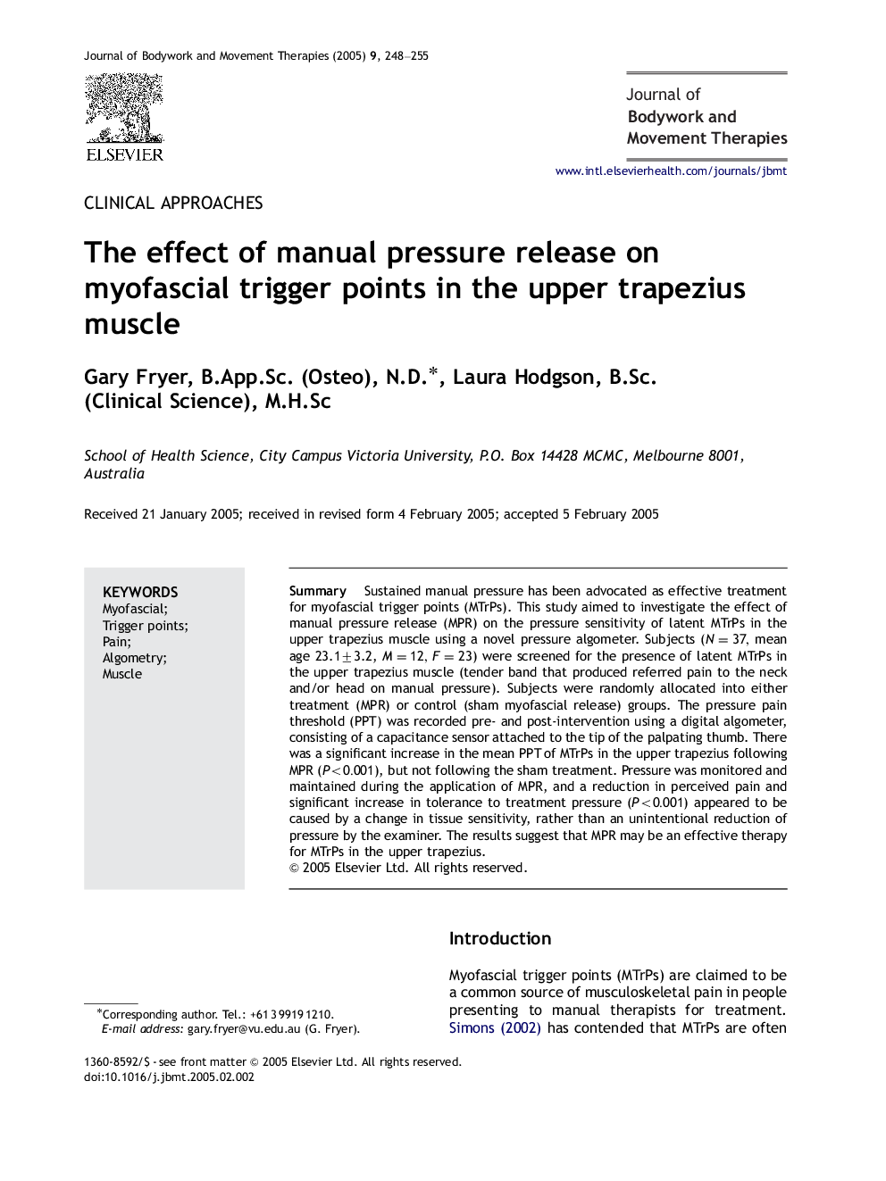 The effect of manual pressure release on myofascial trigger points in the upper trapezius muscle