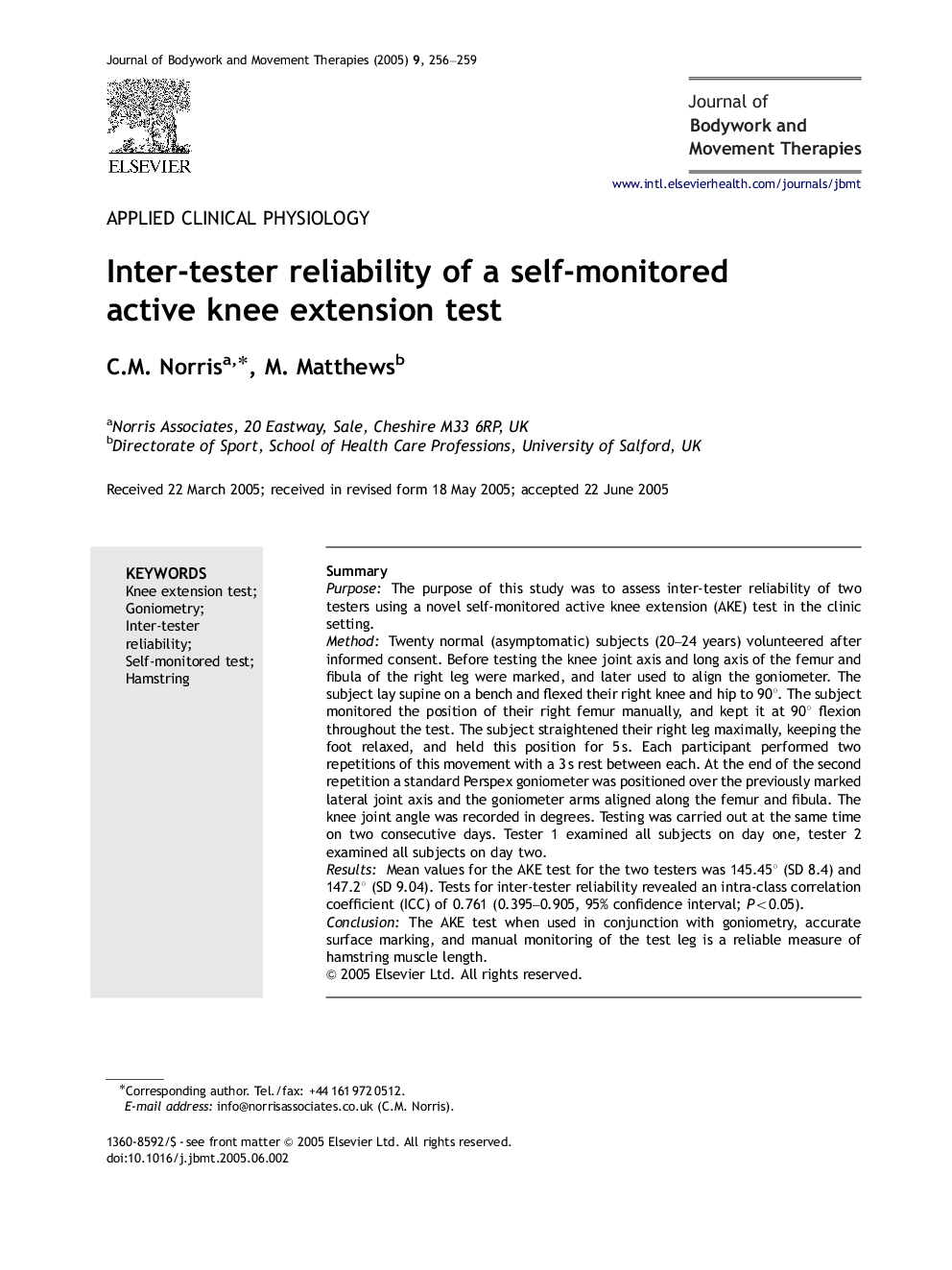 Inter-tester reliability of a self-monitored active knee extension test