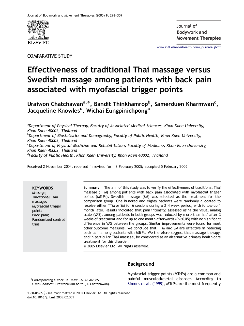 Effectiveness of traditional Thai massage versus Swedish massage among patients with back pain associated with myofascial trigger points
