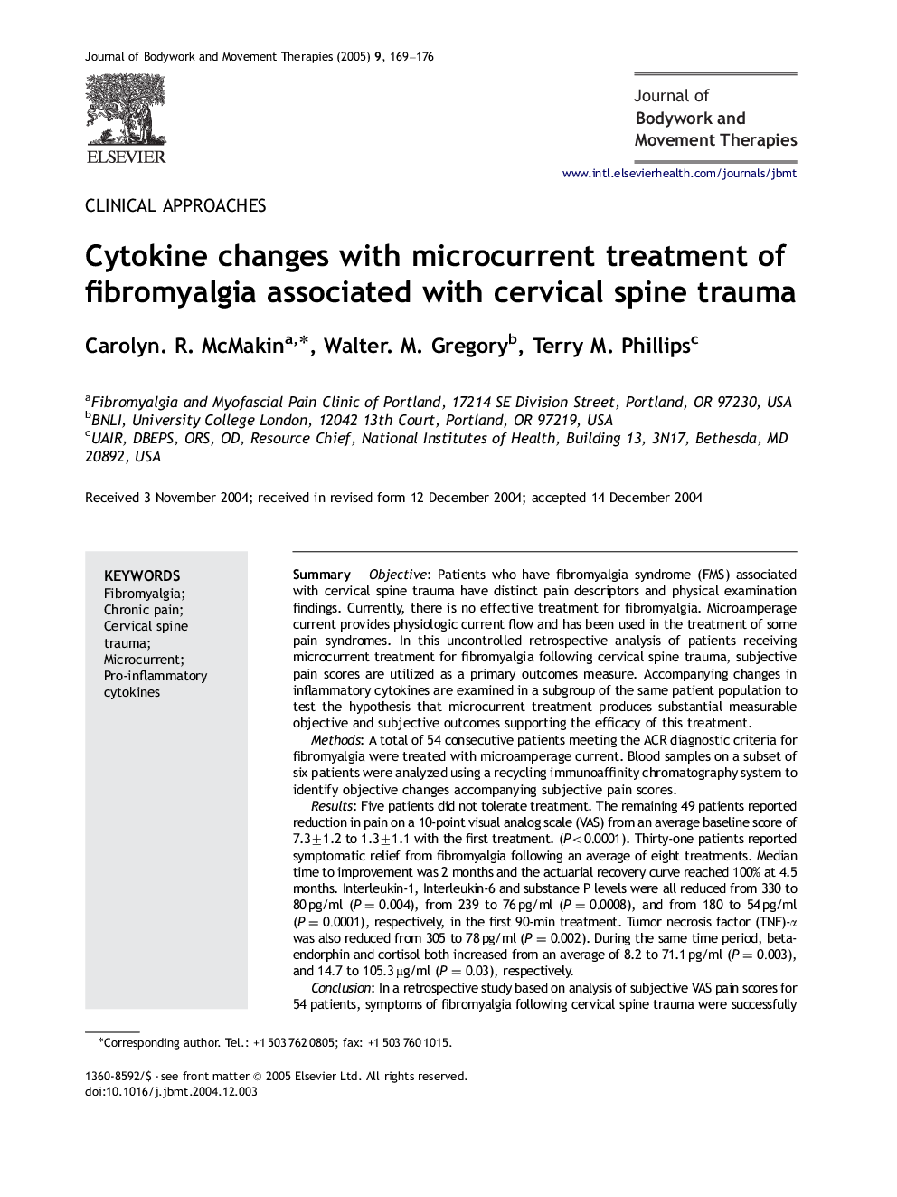 Cytokine changes with microcurrent treatment of fibromyalgia associated with cervical spine trauma