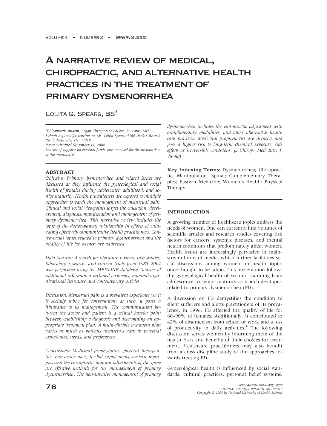 A narrative review of medical, chiropractic, and alternative health practices in the treatment of primary dysmenorrhea